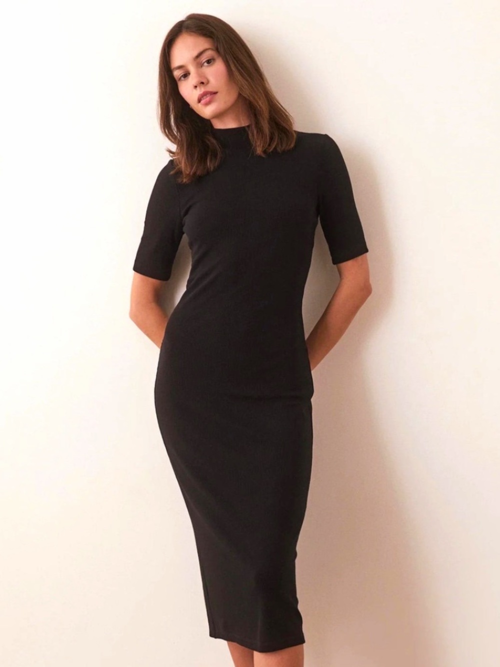 Marine Layer Lexi Ribbed Mock Neck Midi Dress XL Black Short Sleeve